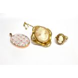 A 9CT GOLD AND OVAL SHALL CAMEO RING, AND OTHER ITEMS the ring depicting a female profile within a