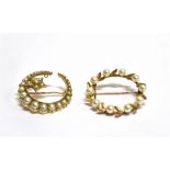 TWO GOLD AND CULTURED/HALF-PEARL CIRCLET BROOCHES comprising; small cultured pearl ten stone