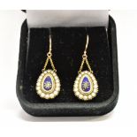 A PAIR OF EARLY 19TH CENTURY GOLD, HALF-PEARL, BLUE GLASS AND ROSE-DIAMOND DROP-SHAPED CLUSTERS