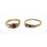 TWO GOLD, RUBY AND DIAMOND RINGS Comprising; an Art Deco small ruby and diamond two (of three) stone