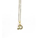A DIAMOND INITIAL 'D' PENDANT AND CHAIN the bi-colour initial set in white with eight-cut diamonds