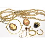 A SMALL GROUP OF DAMAGED MOSTLY 9CT GOLD JEWELLERY AND OTHER ITEMS including chains, earrings