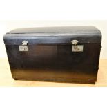 A 1920'S BLACK LEATHER COVERED AUTOMOBILE TRUNK with dome top, fall down front and plated