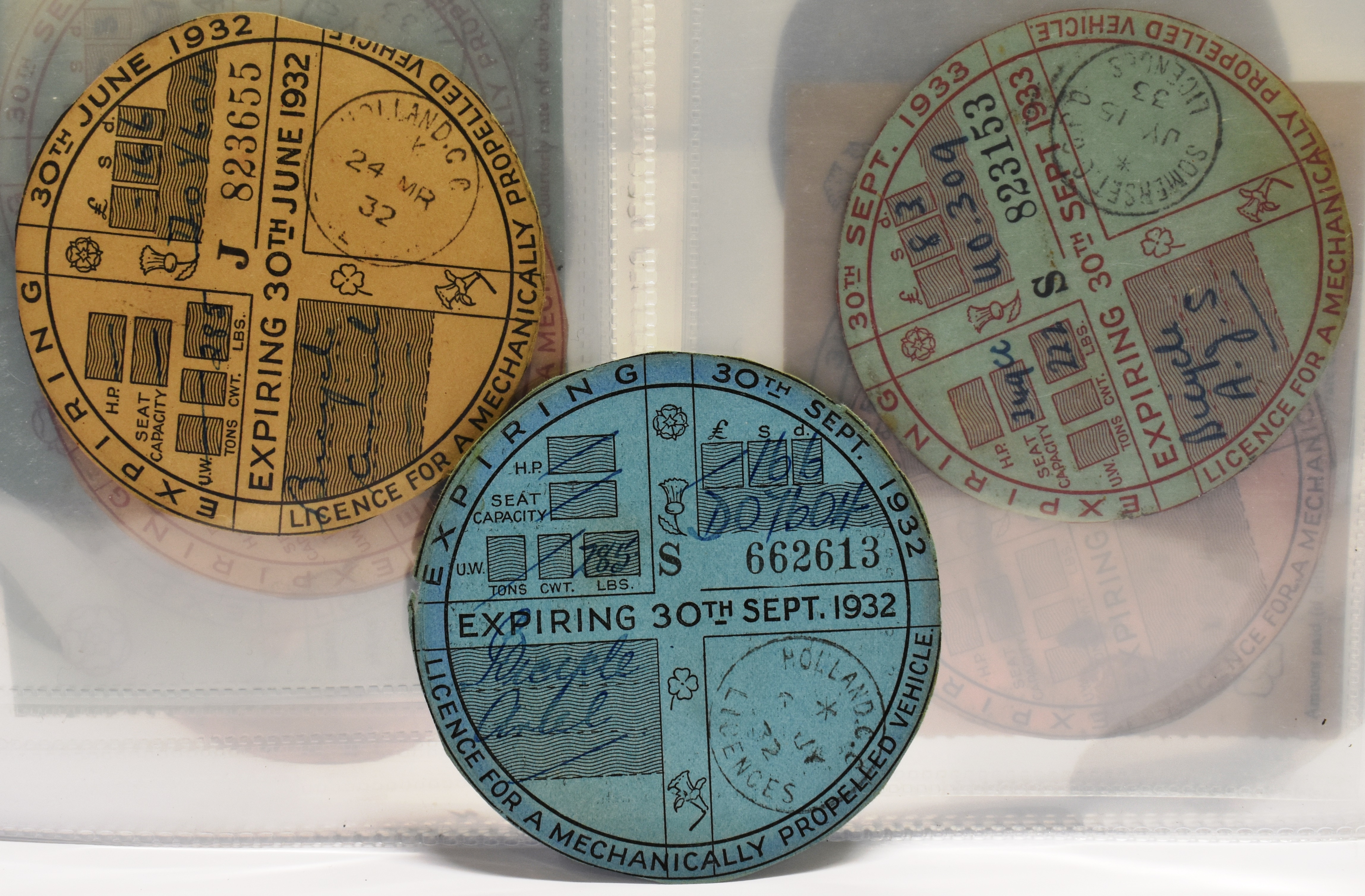 A COLLECTION OF FOURTEEN 1930'S VEHICLE ROAD TAX DISCS (1932 TO 1938) 2 x 1932, 3 x 1933 (one un-