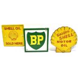 A SHELL SHAPE 'GOLDEN SHELL MOTOR OIL' ADVERTISING SIGN of painted heavy cast iron construction,