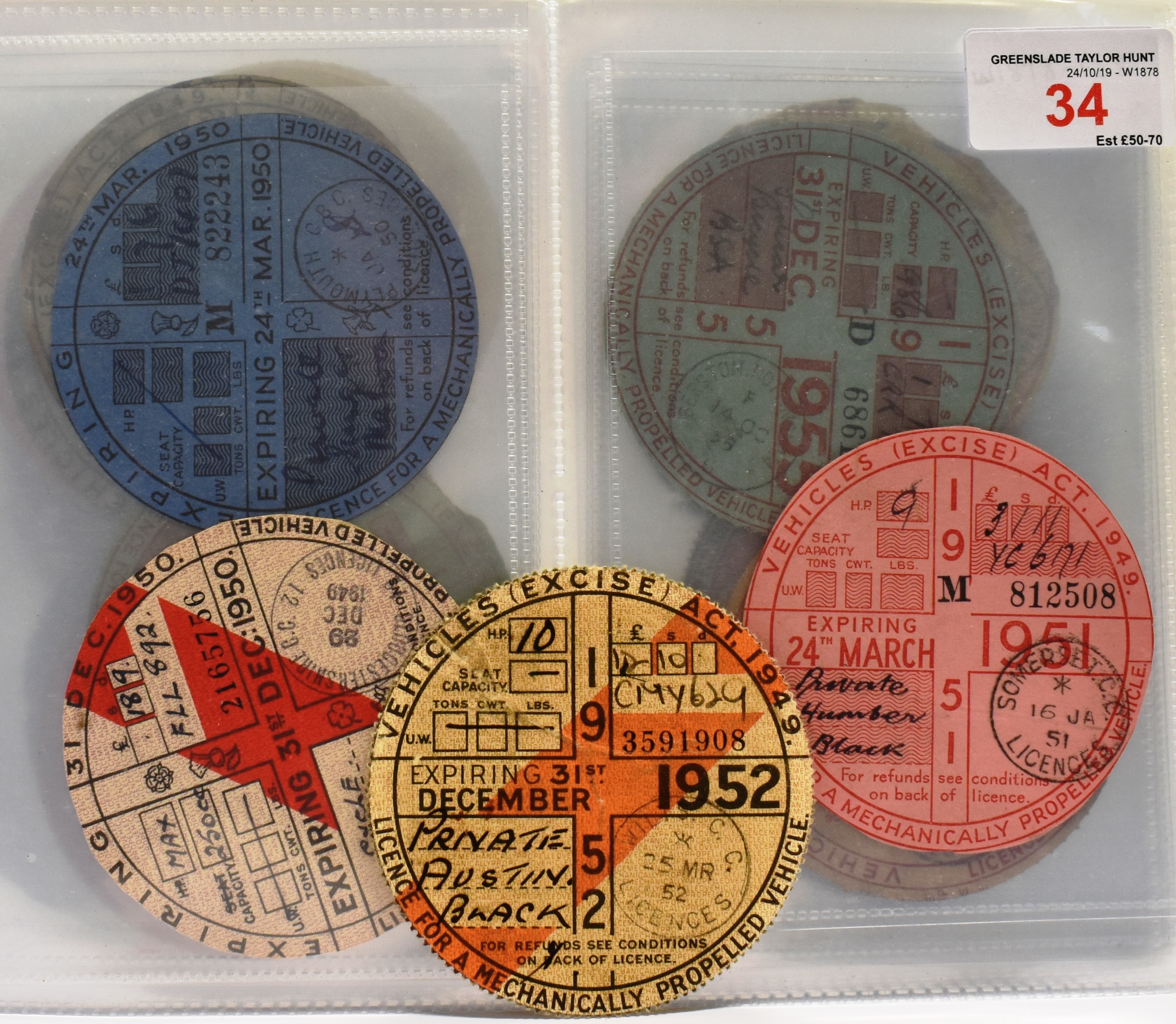 A COLLECTION OF THIRTY 1950'S VEHICLE ROAD TAX DISCS (1950 TO 1959) 2 x 1950, 1 x 1951, 1 x 1952,