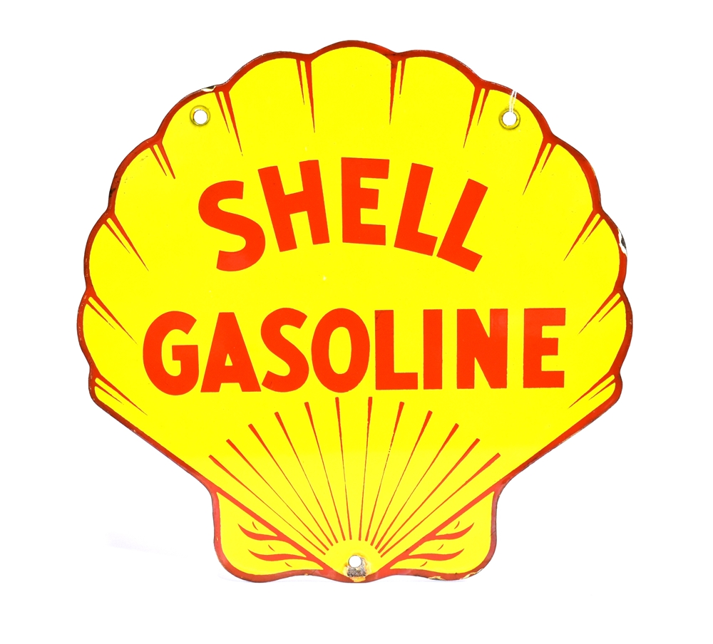 AN ENAMEL 'SHELL GASOLINE' ADVERTISING SIGN shell shaped, yellow ground and red lettering,modern