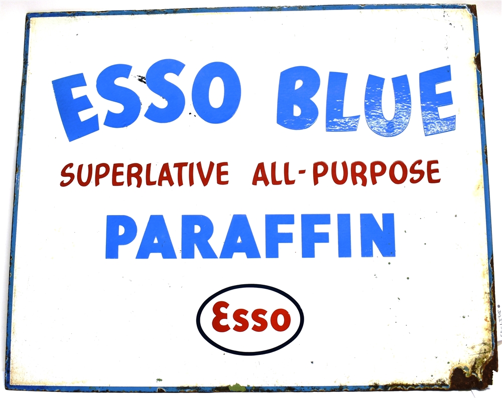 AN ENAMEL DOUBLE-SIDED 'ESSO BLUE' ADVERTISING SIGN white ground with red and blue lettering 'Esso