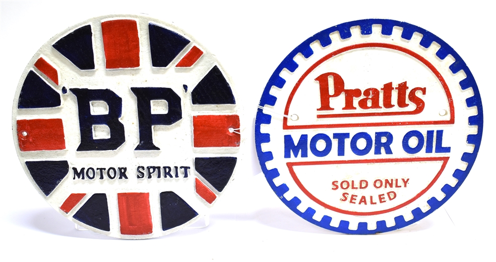 A CIRCULAR 'PRATTS MOTOR OIL SOLD ONLY SEALED' ADVERTISING SIGN of painted heavy cast iron