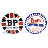 A CIRCULAR 'PRATTS MOTOR OIL SOLD ONLY SEALED' ADVERTISING SIGN of painted heavy cast iron