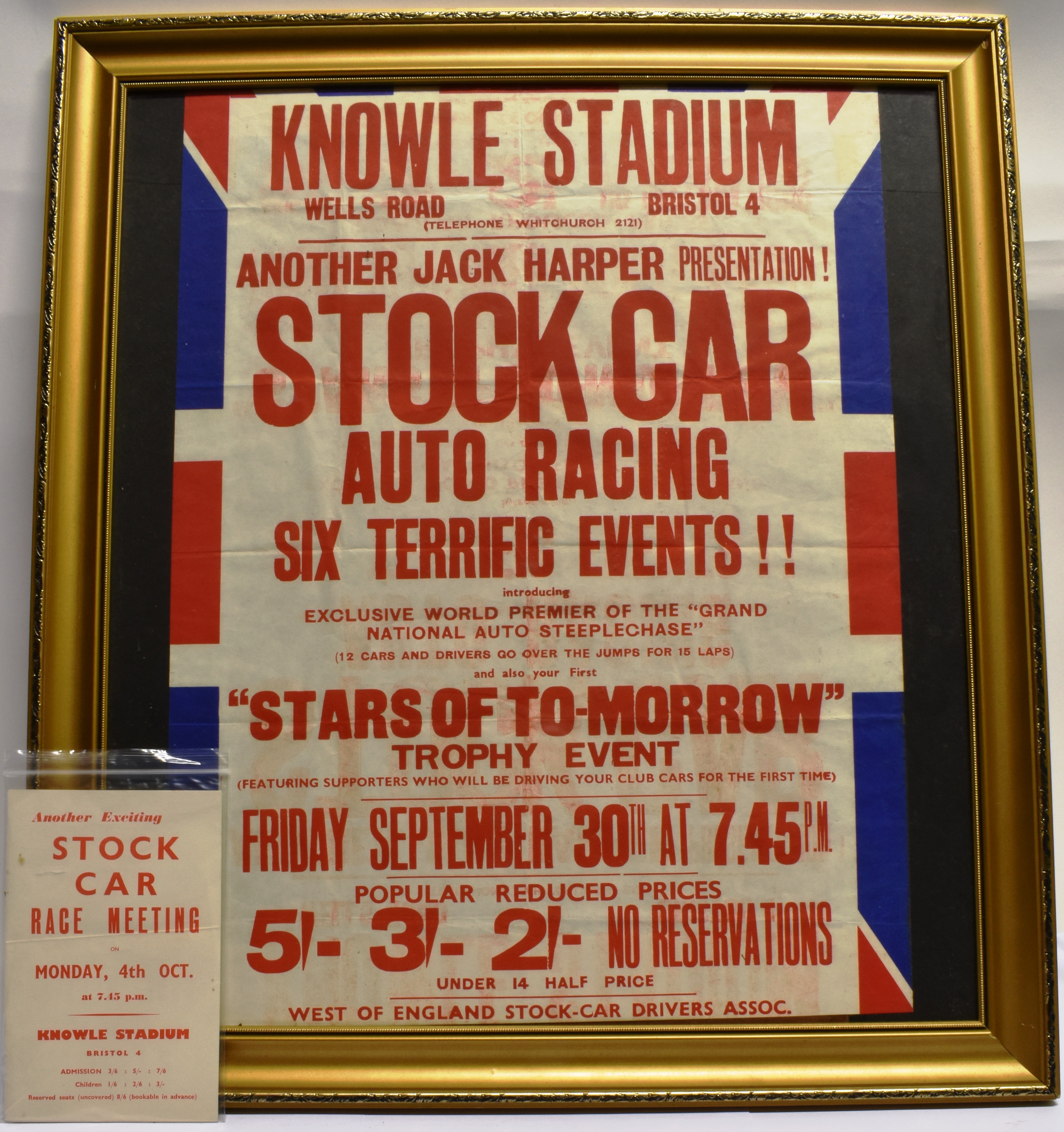 STOCK CAR RACING KNOWLE STADIUM WELLS ROAD, BRISTOL - A 1950'S PRINTED POSTER ADVERTISING A JACK