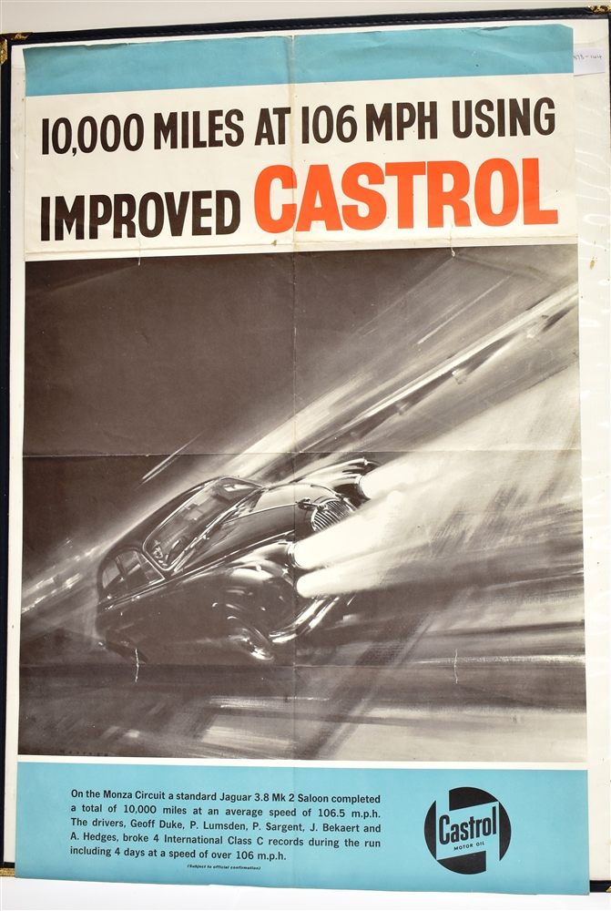 A 1960'S CASTROL OIL POSTER 'JAGUAR 3.8 MK 2 SALOON' (10,000 miles at 106 mph using improved