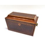 A GEORGE III MAHOGANY TEA CADDY with inlaid and crossbanded decoration, of sarcophagus form, 31cm