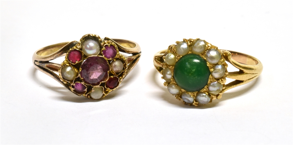 TWO VICTORIAN GOLD AND GEM-SET CLUSTER RINGS INCLUDING A TURQUOISE AND HALF-PEARL CLUSTER RING