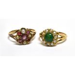 TWO VICTORIAN GOLD AND GEM-SET CLUSTER RINGS INCLUDING A TURQUOISE AND HALF-PEARL CLUSTER RING