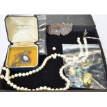 A CULTURED PEARL SINGLE ROW NECKLACE AND A COLLECTION OF COSTUME JEWELLERY including various
