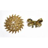 A MODERN CONTINENTAL HALF-PEARL SUN-BURST BROOCH IN VICTORIAN STYLE AND A 9CT GOLD BOW BROOCH the