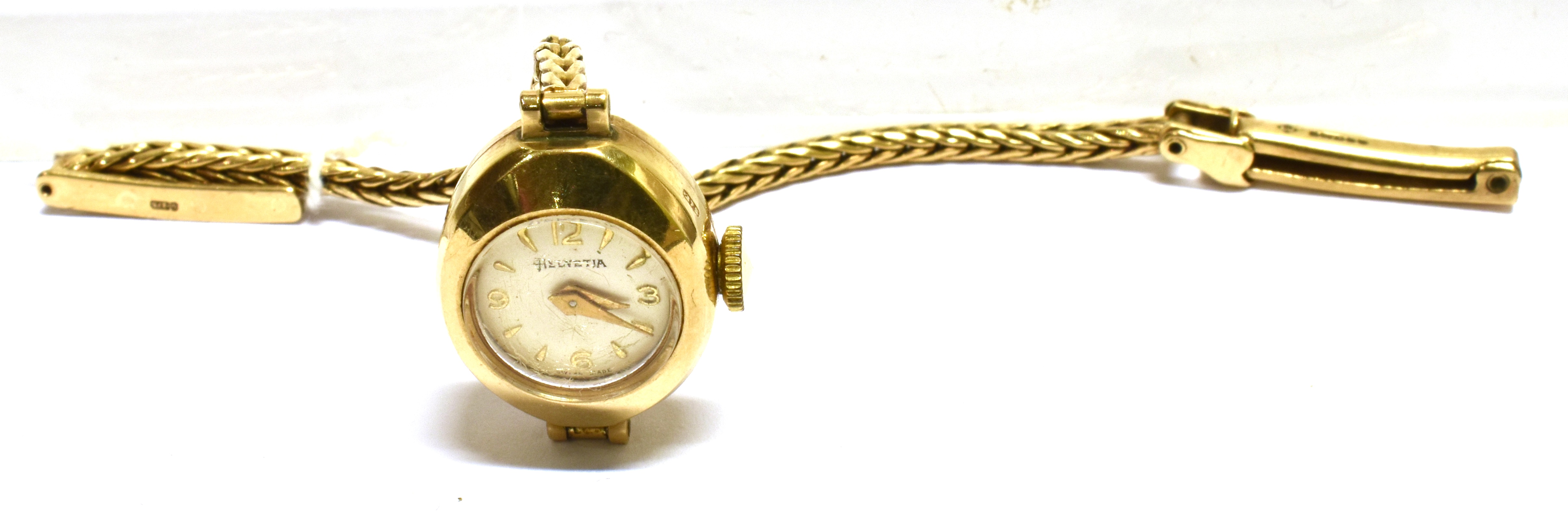 HELVETIA, A LADY'S SWISS 9CT GOLD SMALL ROUND BRACELET WATCH, CIRCA 1961 cream dial with raised gilt - Image 2 of 2