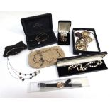A COLLECTION OF COSTUME AND OTHER JEWELLERY including; a titanium fringe pendant; a cased