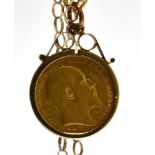 A HALF-SOVEREIGN, 1905, LATER MOUNTED AS A PENDANT WITH A CHAIN The mount London 1966, the trace-