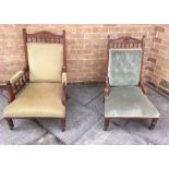A PAIR VICTORIAN LADIES AND GENTLEMANS ARMCHAIRS with carved walnut frames, (differing upholstery)