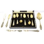 A COLLECTION OF SILVER AND PLATED ITEMS INCLUDING A SET OF SIX GERMAN PARCEL GILT .800 STANDARD
