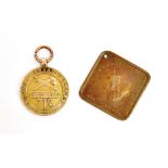 WORLD WAR I INTEREST, A 9CT GOLD MEDALLION, AND AN INDIAN COPPER LOZENGE-SHAPED TOKEN The 9ct gold