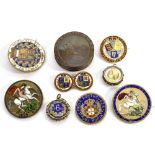 A GROUP OF EIGHT GEORGE III AND LATER POLYCHROME ENAMELLED COINS and a 'Cartwheel' half-penny,