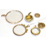 A 19TH CENTURY SMALL GOLD AND HALF-PEARL CUSPED-OVAL MOURNING BROOCH AND FIVE VARIOUS LOCKETS the