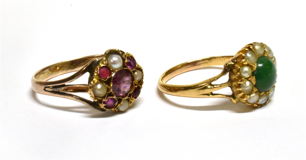 TWO VICTORIAN GOLD AND GEM-SET CLUSTER RINGS INCLUDING A TURQUOISE AND HALF-PEARL CLUSTER RING - Image 2 of 2