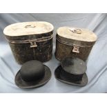 TWO TIN HAT BOXES together with a Dunn & Co. black felt bowler hat; and a black brushed silk top hat