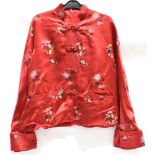 A CHINESE RED SILK JACKET mid 20th Century, of traditional cut and decoration, size 38; a Chinese