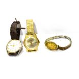 AN EARLY 20TH CENTURY GOLD AND SMALL DIAMOND COLLAR STUD, THREE WRISTWATCHES AND OTHER ITEMS