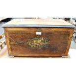 A CONTINENTAL ROSEWOOD MUSIC BOX CASE with painted and marquetry inlaid decoration, 57cm wide