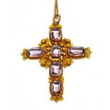 AN EARLY 19TH CENTURY GOLD AND AMETHYST FLEUREE CROSS AND CHAIN the cross set with six cushion-