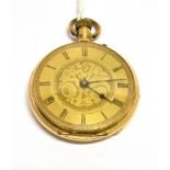 AN EARLY 20TH CENTURY SWISS 18K OPEN FACED KEYLESS FOB WATCH the part foliate engraved golden dial