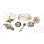 A SCOTTISH SILVER OVAL FLORAL BROOCH AND OTHER JEWELLERY the Scottish brooch of oval openwork design