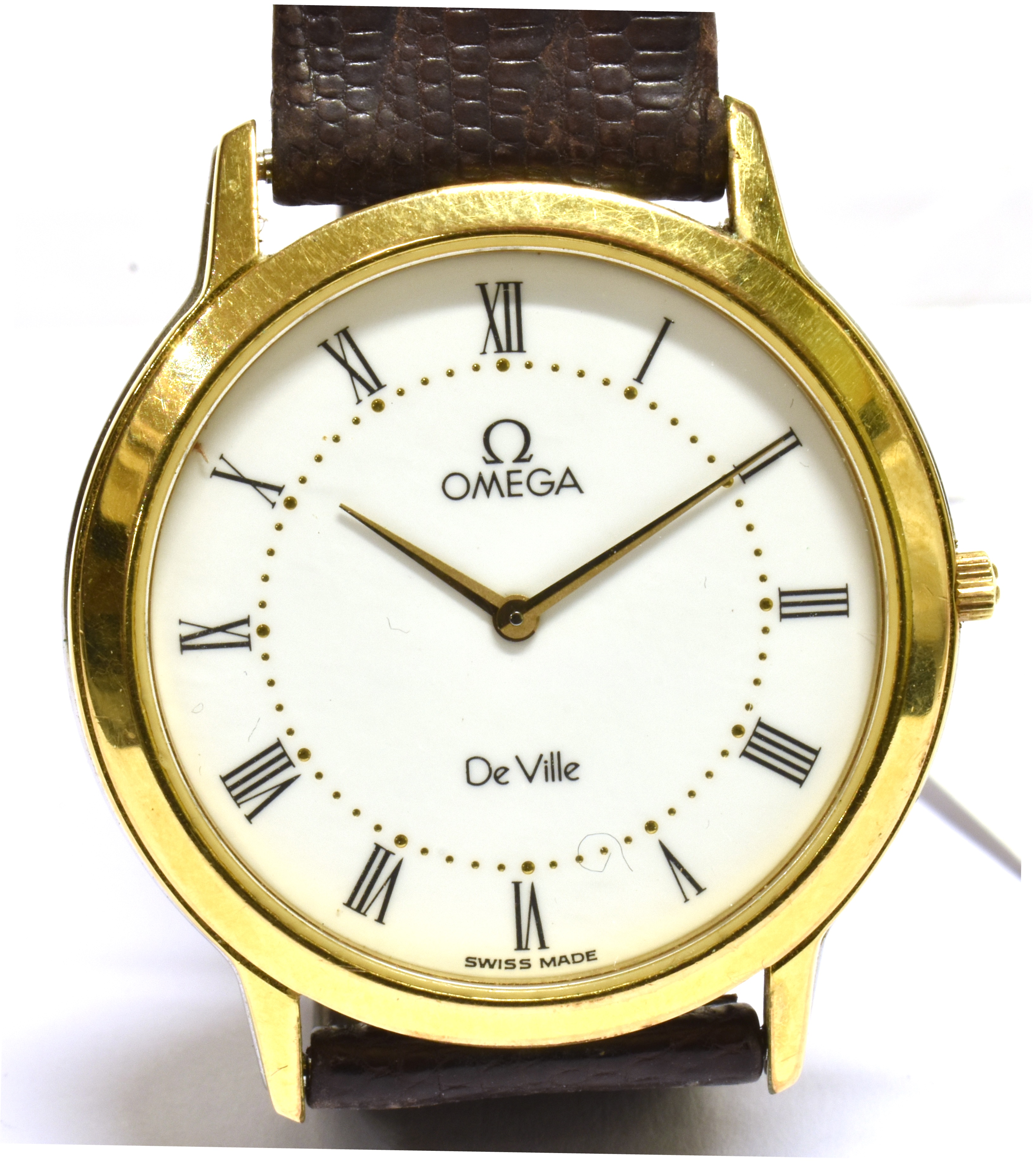 OMEGA, DEVILLE, A GENTLEMAN'S GOLD-PLATED AND STAINLESS STEEL ROUND QUARTZ WRIST WATCH white dial
