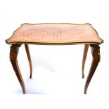 A FRENCH GILT METAL MOUNTED OCCASIONAL TABLE the shaped rectangular top with parquetry inlaid