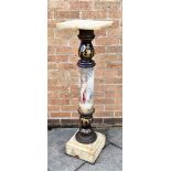 A VICTORIAN GILT METAL MOUNTED MARBLE AND CERAMIC JARDINIERE STAND, the central ceramic pillar