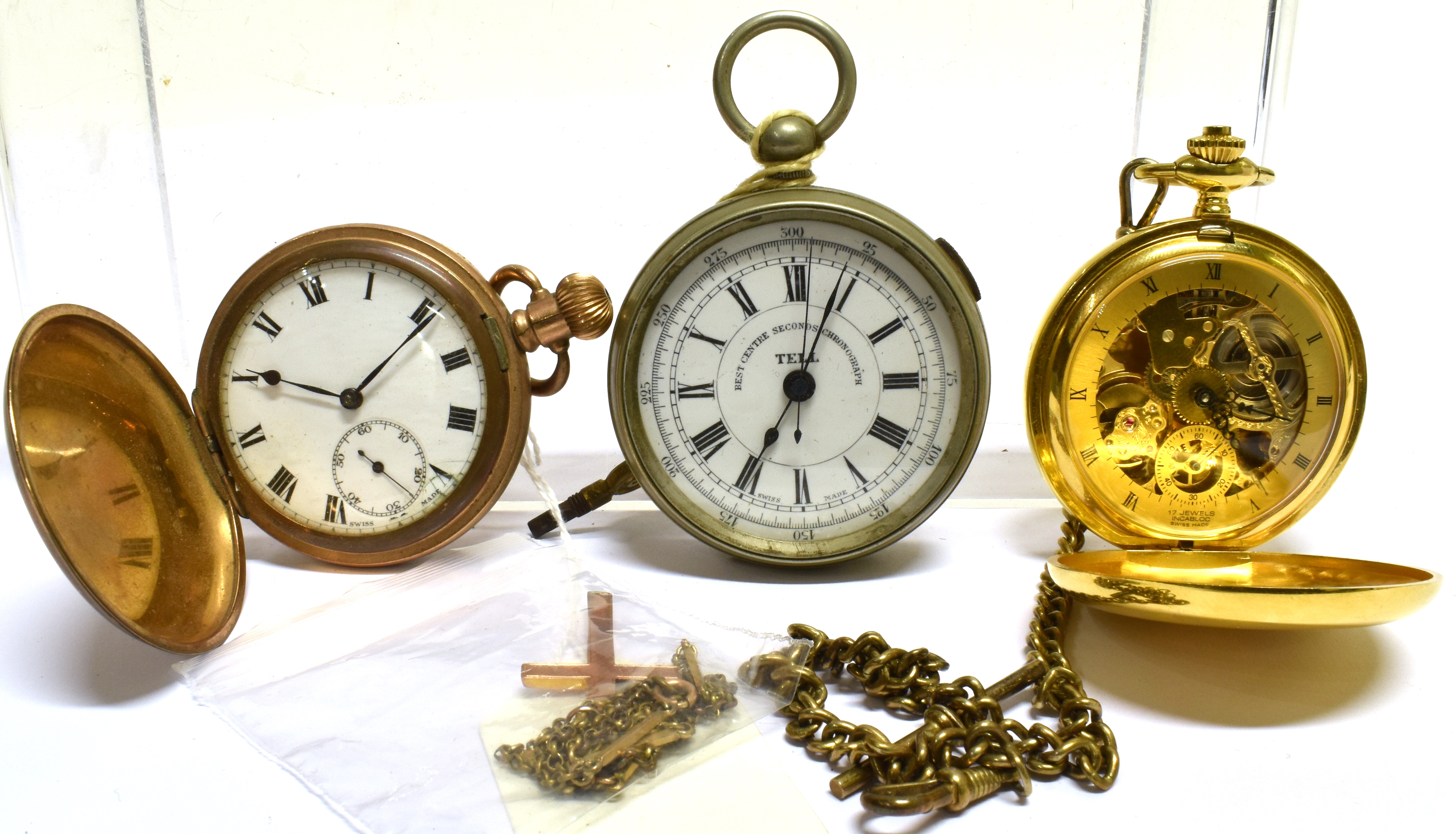 THREE POCKET WATCHES AND A CROSS AND CHAIN the pocket watches comprising; an early 20th century