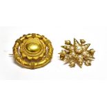 TWO LATE VICTORIAN GOLD BROOCHES INCLUDING A HALF-PEARL SNOWFLAKE/STAR BROOCH stamped '9ct' (base-