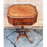 A VICTORIAN MAHOGANY WORK TABLE the octagonal hinged top with inlaid decoration, on pillar support