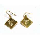 A PAIR OF MODERN DIAMOND LOZENGE-SHAPED PENDENT EARRINGS each yellow metal square off-set panel