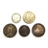 COINS - GREAT BRITAIN & OTHER comprising crowns, 1889 & 1896; a halfcrown, 1890; and two others, (