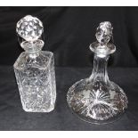 A SHIPS DECANTER AND STOPPER engraved 'Whisky' and vine decoration 26cm high; together with a square