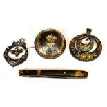 A COLLECTION OF VICTORIAN AND LATER TORTOISESHELL JEWELLERY INCLUDING A PIQUE POSE DOMED-ROUND