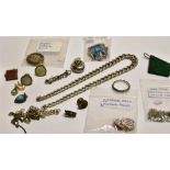 A COLLECTION OF MOSTLY PERIOD COSTUME JEWELLERY INCLUDING A SILVER GRADUATED CURB CHAIN each link