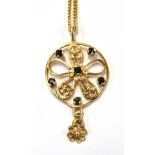 A VINTAGE 9CT GOLD AND SAPPHIRE CIRCLET PENDANT AND CHAIN, AND A PAIR OF PENDENT EARRINGS the open