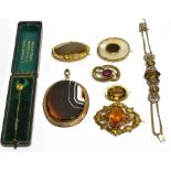 A COLLECTION OF VICTORIAN AND LATER AGATE AND OTHER BROOCHES, A BRACELET AND A STICK PIN comprising;